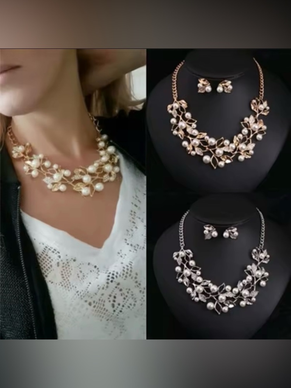 Elegant Pearl Floral Statement Necklace + earrings Set - Gold or Silver